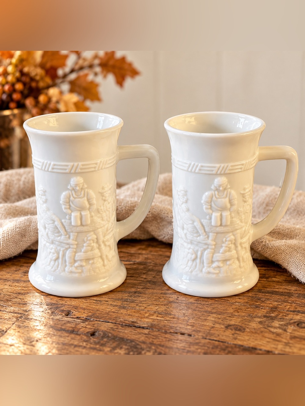 Vintage White Milk Glass Beer Stein Mugs Set of 2 Tavern Scene